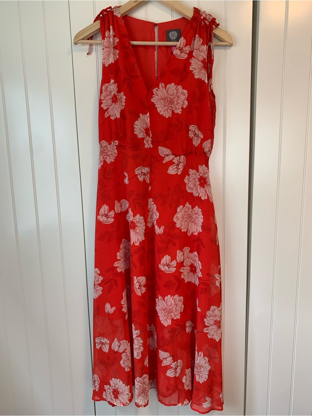 Vince Camuto Red Floral Midi Dress with White Blooms